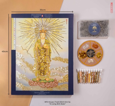 BTE Bộ Tự Đính - Ngài Địa Tạng Đứng Mũ Vàng - Vàng Kim - Tranh Đính Kim Sa - BT035